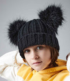 BB414B - Junior Faux Fur Double Pom Pom Beanie