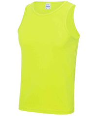 JC007 Electric Yellow Front sleeveless tank top with a crew neck, made from Neoteric textured fabric with inherent wickability, UPF 30+ UV protection, self-fabric bound neckline and armholes, twin-needle curved drop hem, and a tear-out label.