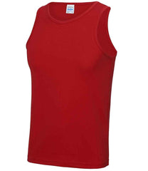 JC007 Fire Red Front sleeveless tank top with a crew neck, made from Neoteric textured fabric with inherent wickability, UPF 30+ UV protection, self-fabric bound neckline and armholes, twin-needle curved drop hem, and a tear-out label.