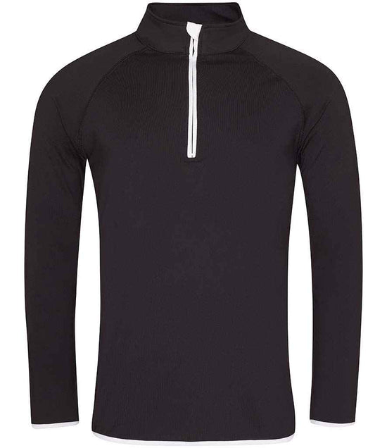 JC031 CoolFit matt finish performance fabric with superior wicking properties, UPF 40+ UV protection, slim fit, stand-up collar, raglan sleeves, zip neck with chin guard, self-fabric contrast bound zip, cuffs and hem, reflective tab on back of neck for earphones, tear-out label. In Jet Black/Arctic White Front