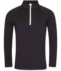 JC031 CoolFit matt finish performance fabric with superior wicking properties, UPF 40+ UV protection, slim fit, stand-up collar, raglan sleeves, zip neck with chin guard, self-fabric contrast bound zip, cuffs and hem, reflective tab on back of neck for earphones, tear-out label. In Jet Black/Arctic White Front