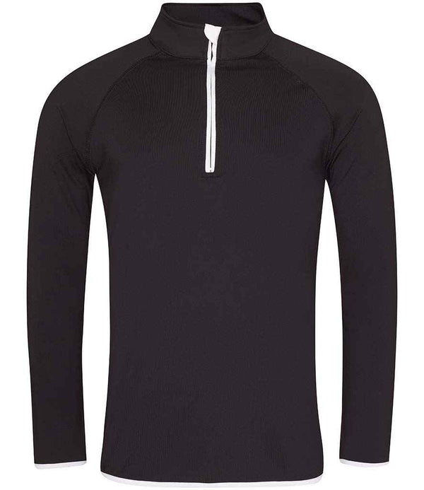 JC031 CoolFit matt finish performance fabric with superior wicking properties, UPF 40+ UV protection, slim fit, stand-up collar, raglan sleeves, zip neck with chin guard, self-fabric contrast bound zip, cuffs and hem, reflective tab on back of neck for earphones, tear-out label. In Jet Black/Arctic White Front
